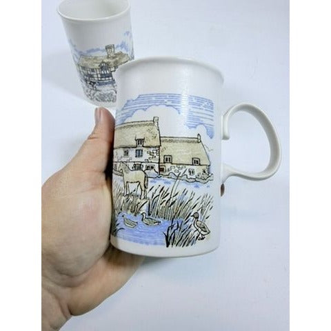 Stoneware Pottery Mugs Dunoon Ceramics Rural Village Cottages Cows Ducks Horse Farm– Hand Painted Blue and Brown Tones - Made in Scotland