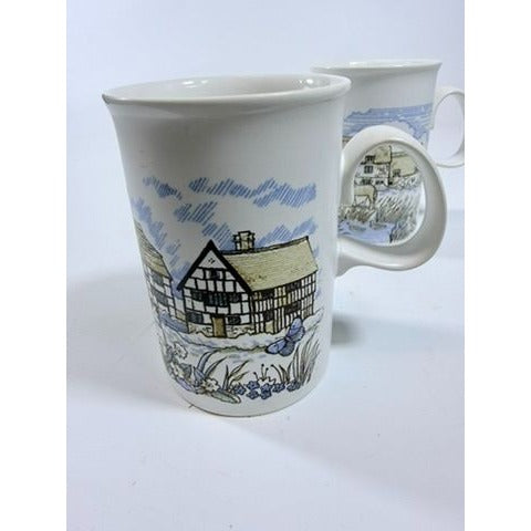 Stoneware Pottery Mugs Dunoon Ceramics Rural Village Cottages Cows Ducks Horse Farm– Hand Painted Blue and Brown Tones - Made in Scotland