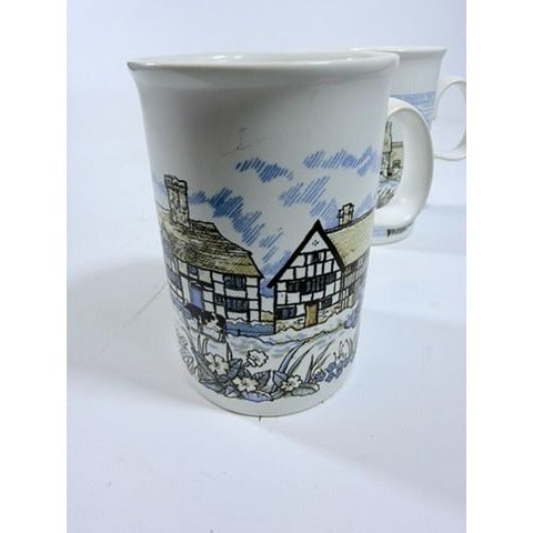 Stoneware Pottery Mugs Dunoon Ceramics Rural Village Cottages Cows Ducks Horse Farm– Hand Painted Blue and Brown Tones - Made in Scotland