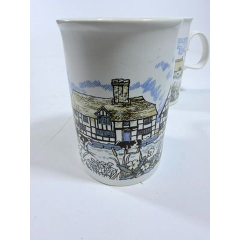 Stoneware Pottery Mugs Dunoon Ceramics Rural Village Cottages Cows Ducks Horse Farm– Hand Painted Blue and Brown Tones - Made in Scotland