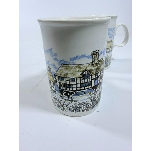 Stoneware Pottery Mugs Dunoon Ceramics Rural Village Cottages Cows Ducks Horse Farm– Hand Painted Blue and Brown Tones - Made in Scotland