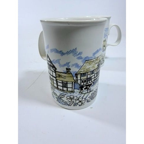 Stoneware Pottery Mugs Dunoon Ceramics Rural Village Cottages Cows Ducks Horse Farm– Hand Painted Blue and Brown Tones - Made in Scotland