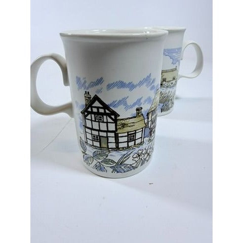Stoneware Pottery Mugs Dunoon Ceramics Rural Village Cottages Cows Ducks Horse Farm– Hand Painted Blue and Brown Tones - Made in Scotland