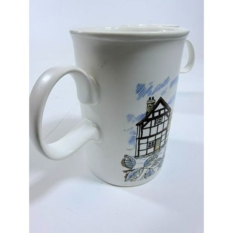 Stoneware Pottery Mugs Dunoon Ceramics Rural Village Cottages Cows Ducks Horse Farm– Hand Painted Blue and Brown Tones - Made in Scotland