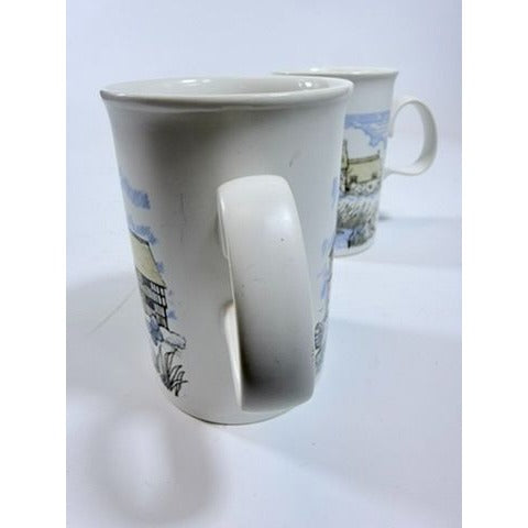 Stoneware Pottery Mugs Dunoon Ceramics Rural Village Cottages Cows Ducks Horse Farm– Hand Painted Blue and Brown Tones - Made in Scotland