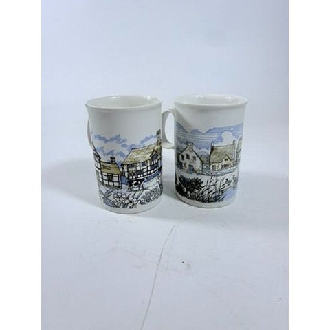 Stoneware Pottery Mugs Dunoon Ceramics Rural Village Cottages Cows Ducks Horse Farm– Hand Painted Blue and Brown Tones - Made in Scotland