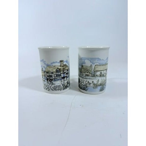 Stoneware Pottery Mugs Dunoon Ceramics Rural Village Cottages Cows Ducks Horse Farm– Hand Painted Blue and Brown Tones - Made in Scotland