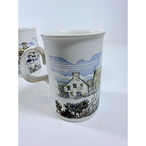 Stoneware Pottery Mugs Dunoon Ceramics Rural Village Cottages Cows Ducks Horse Farm– Hand Painted Blue and Brown Tones - Made in Scotland