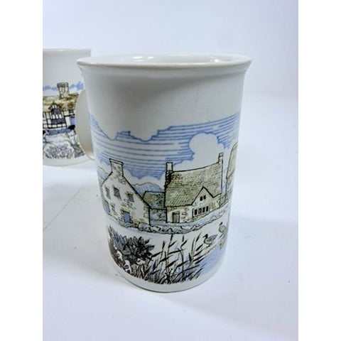 Stoneware Pottery Mugs Dunoon Ceramics Rural Village Cottages Cows Ducks Horse Farm– Hand Painted Blue and Brown Tones - Made in Scotland