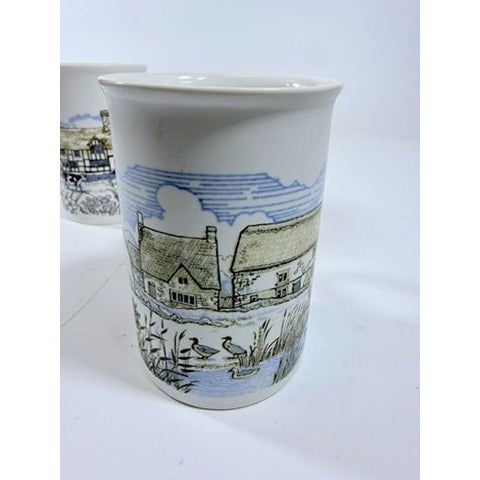 Stoneware Pottery Mugs Dunoon Ceramics Rural Village Cottages Cows Ducks Horse Farm– Hand Painted Blue and Brown Tones - Made in Scotland