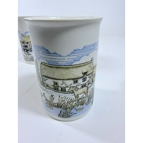 Stoneware Pottery Mugs Dunoon Ceramics Rural Village Cottages Cows Ducks Horse Farm– Hand Painted Blue and Brown Tones - Made in Scotland