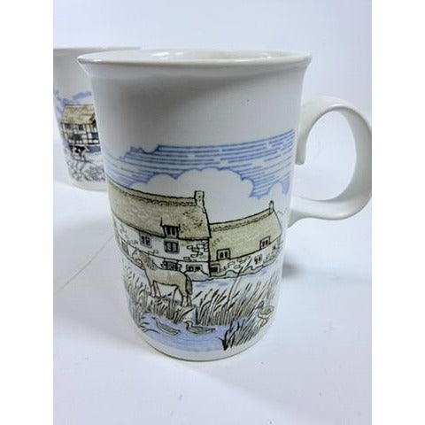 Stoneware Pottery Mugs Dunoon Ceramics Rural Village Cottages Cows Ducks Horse Farm– Hand Painted Blue and Brown Tones - Made in Scotland