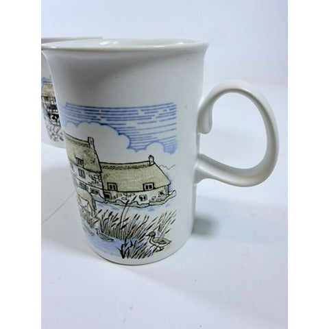 Stoneware Pottery Mugs Dunoon Ceramics Rural Village Cottages Cows Ducks Horse Farm– Hand Painted Blue and Brown Tones - Made in Scotland