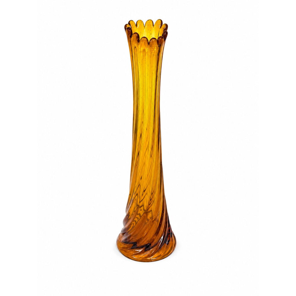 Swung Stretch Finger Glass Vase Fluted Twisted Column Ribbed | Vintage MCM Mid Century  Amber Orange Collectible Collector Glassware