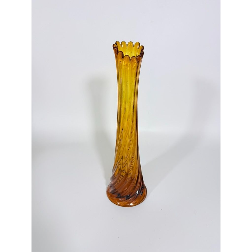 Swung Stretch Finger Glass Vase Fluted Twisted Column Ribbed | Vintage MCM Mid Century  Amber Orange Collectible Collector Glassware