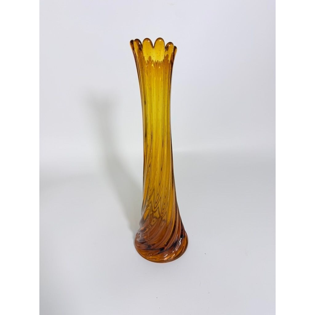 Swung Stretch Finger Glass Vase Fluted Twisted Column Ribbed | Vintage MCM Mid Century  Amber Orange Collectible Collector Glassware
