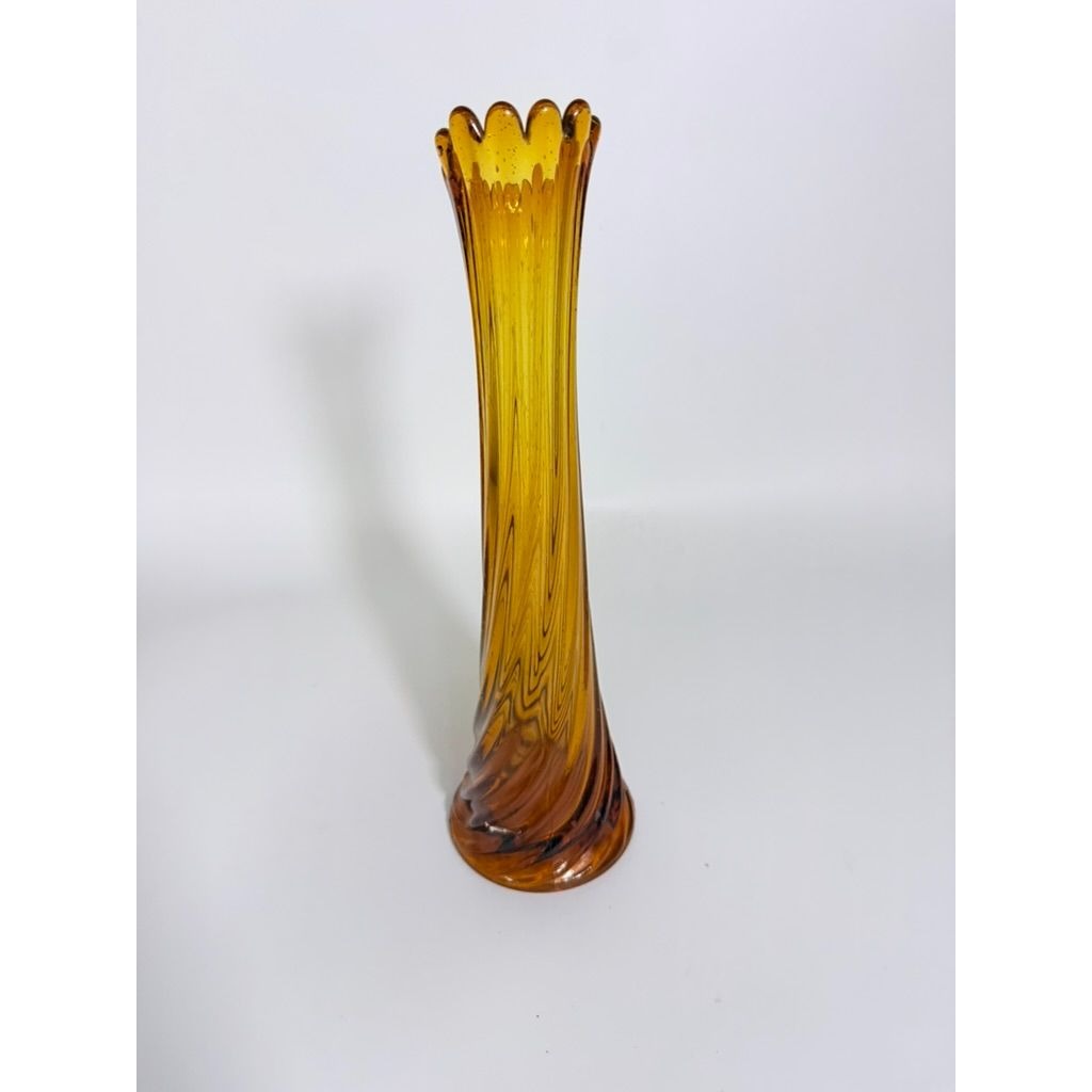 Swung Stretch Finger Glass Vase Fluted Twisted Column Ribbed | Vintage MCM Mid Century  Amber Orange Collectible Collector Glassware