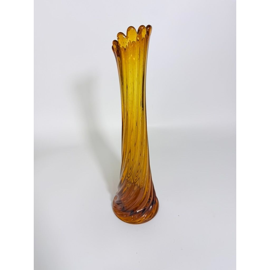 Swung Stretch Finger Glass Vase Fluted Twisted Column Ribbed | Vintage MCM Mid Century  Amber Orange Collectible Collector Glassware