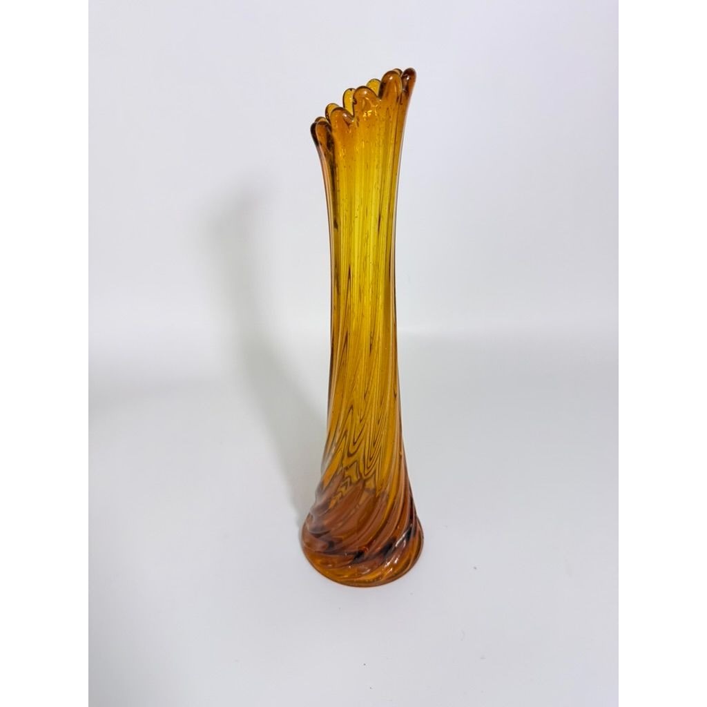 Swung Stretch Finger Glass Vase Fluted Twisted Column Ribbed | Vintage MCM Mid Century  Amber Orange Collectible Collector Glassware
