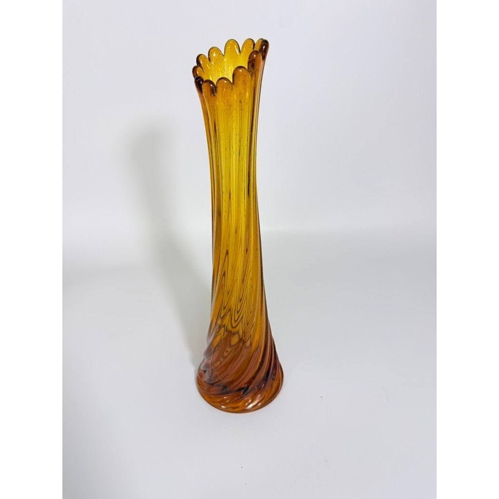 Swung Stretch Finger Glass Vase Fluted Twisted Column Ribbed | Vintage MCM Mid Century  Amber Orange Collectible Collector Glassware