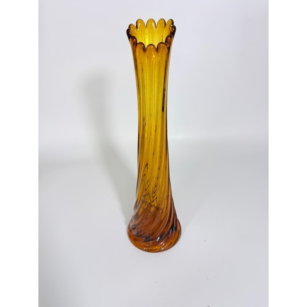 Swung Stretch Finger Glass Vase Fluted Twisted Column Ribbed | Vintage MCM Mid Century  Amber Orange Collectible Collector Glassware