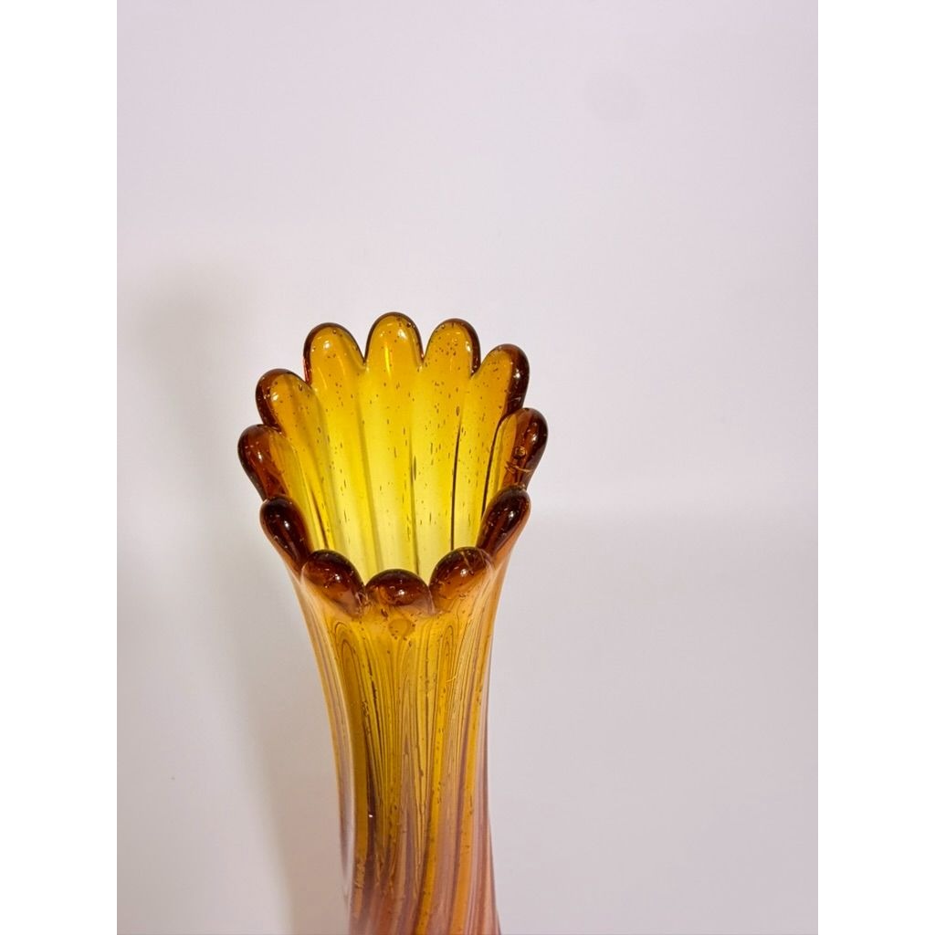 Swung Stretch Finger Glass Vase Fluted Twisted Column Ribbed | Vintage MCM Mid Century  Amber Orange Collectible Collector Glassware