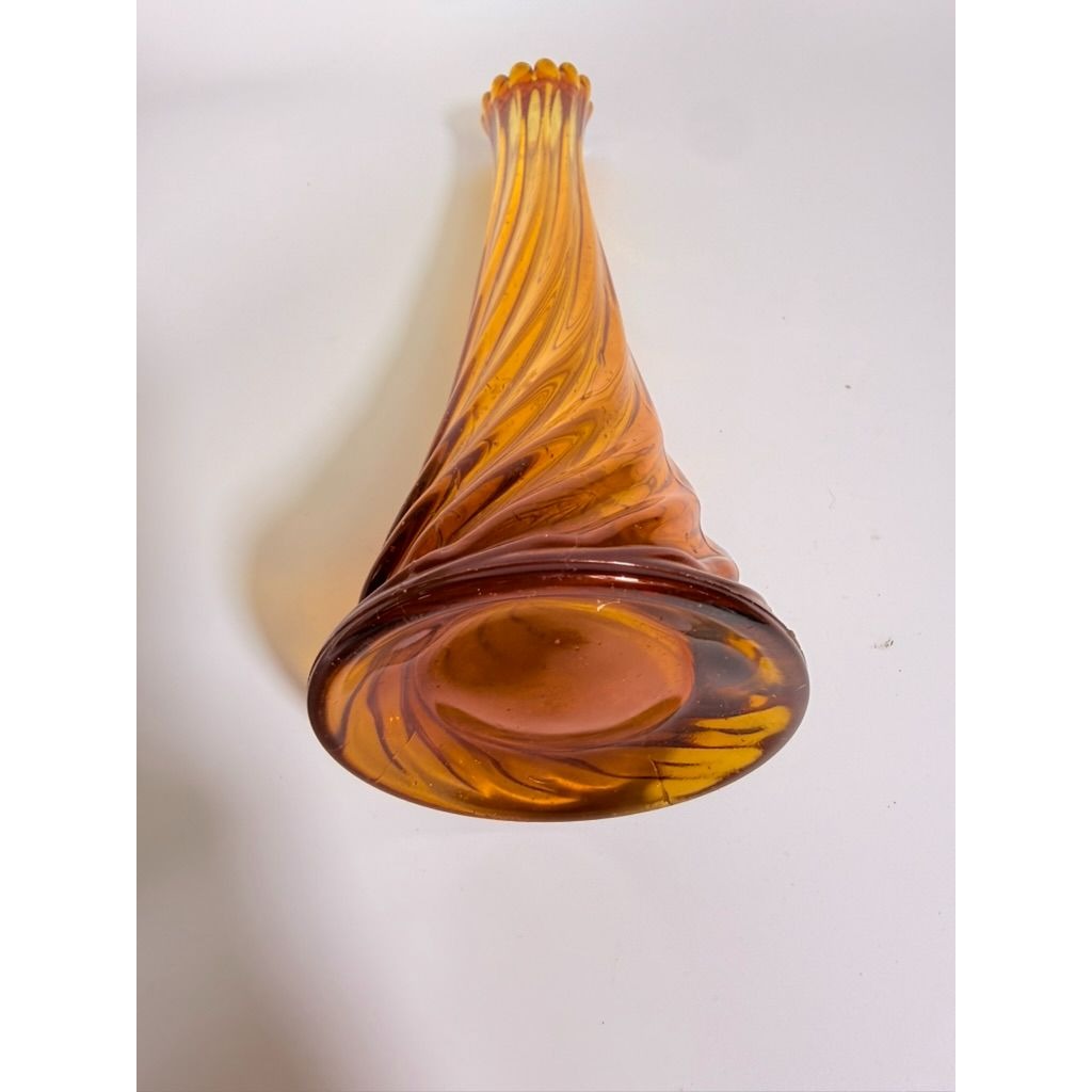 Swung Stretch Finger Glass Vase Fluted Twisted Column Ribbed | Vintage MCM Mid Century  Amber Orange Collectible Collector Glassware
