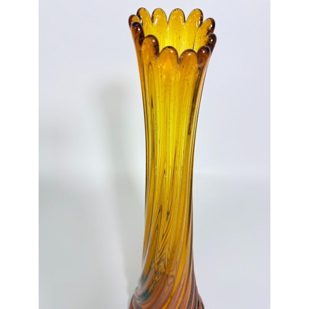Swung Stretch Finger Glass Vase Fluted Twisted Column Ribbed | Vintage MCM Mid Century  Amber Orange Collectible Collector Glassware