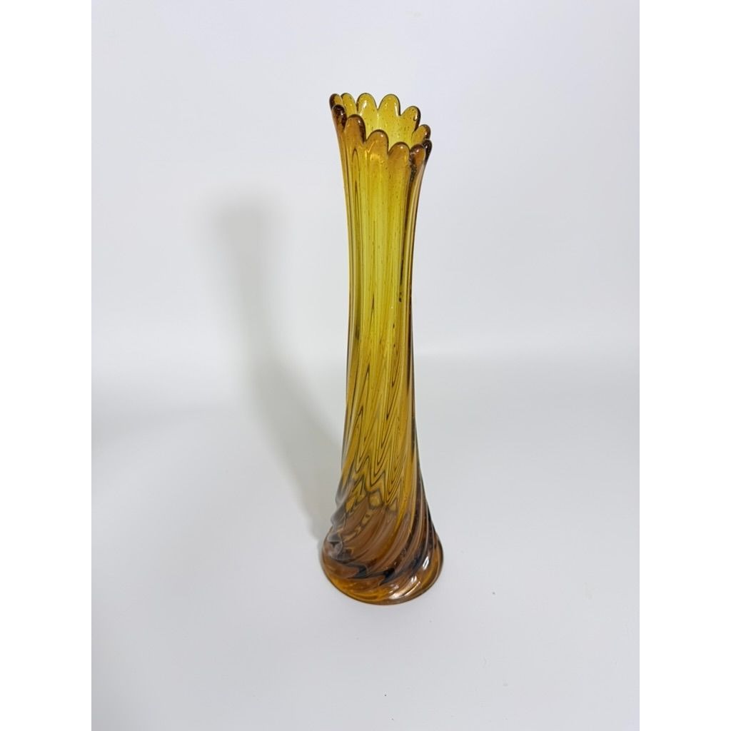 Swung Stretch Finger Glass Vase Fluted Twisted Column Ribbed | Vintage MCM Mid Century  Amber Orange Collectible Collector Glassware