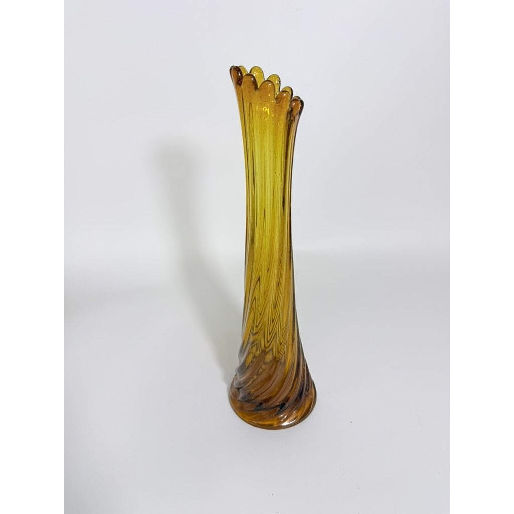 Swung Stretch Finger Glass Vase Fluted Twisted Column Ribbed | Vintage MCM Mid Century  Amber Orange Collectible Collector Glassware
