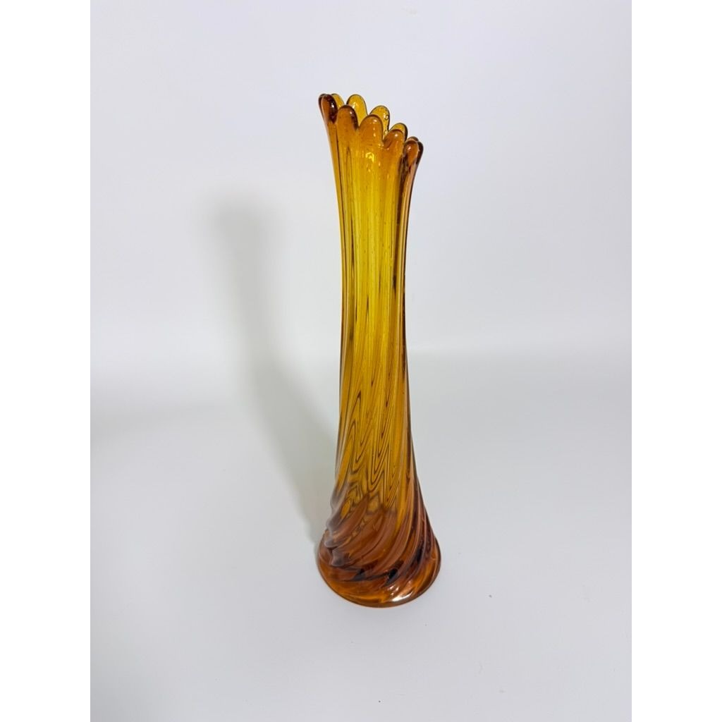 Swung Stretch Finger Glass Vase Fluted Twisted Column Ribbed | Vintage MCM Mid Century  Amber Orange Collectible Collector Glassware