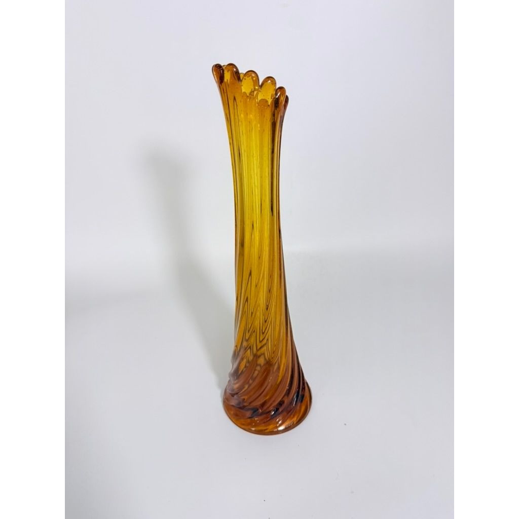 Swung Stretch Finger Glass Vase Fluted Twisted Column Ribbed | Vintage MCM Mid Century  Amber Orange Collectible Collector Glassware
