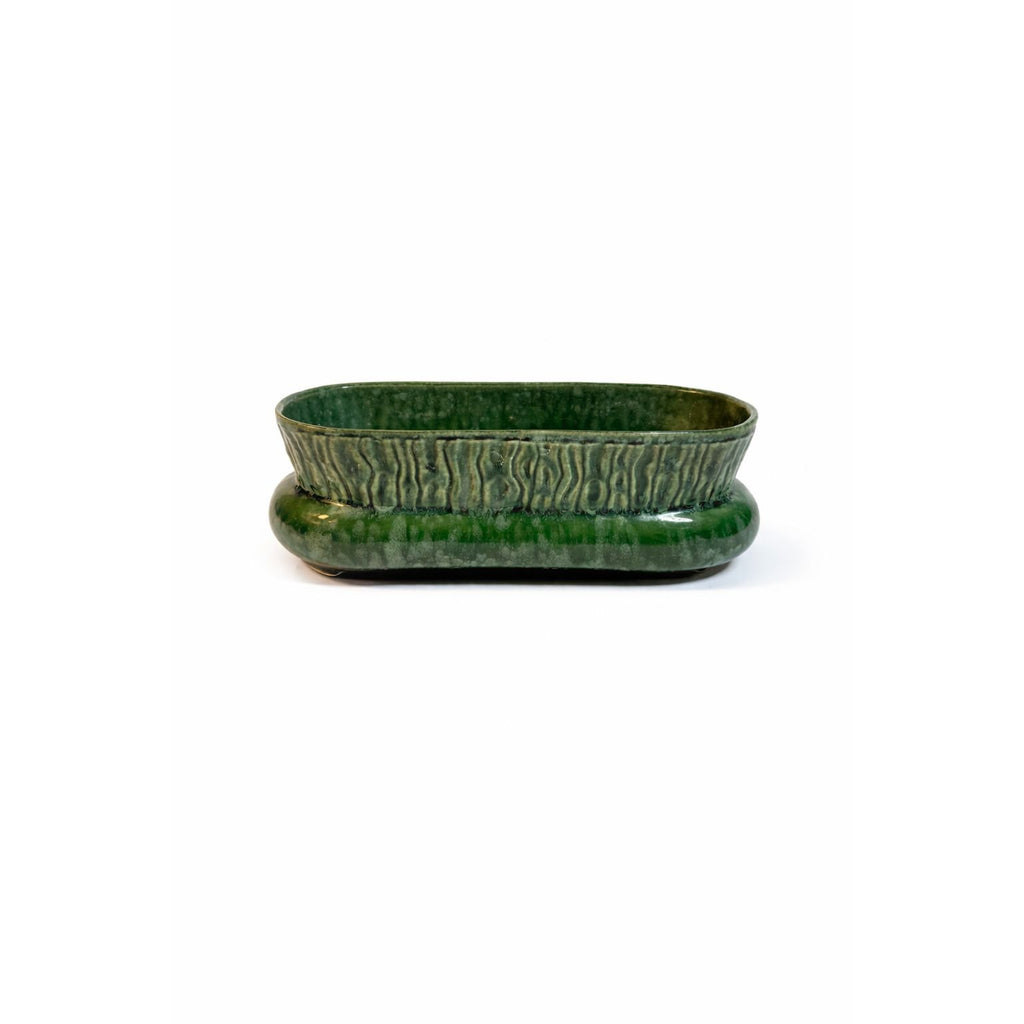 Cache Pot Planter Brush Pottery Ikebana Trough USA Vintage Art Deco Green Specked Lava Glaze Ceramic Succulent Orchid Flowers Bonsi Floral
