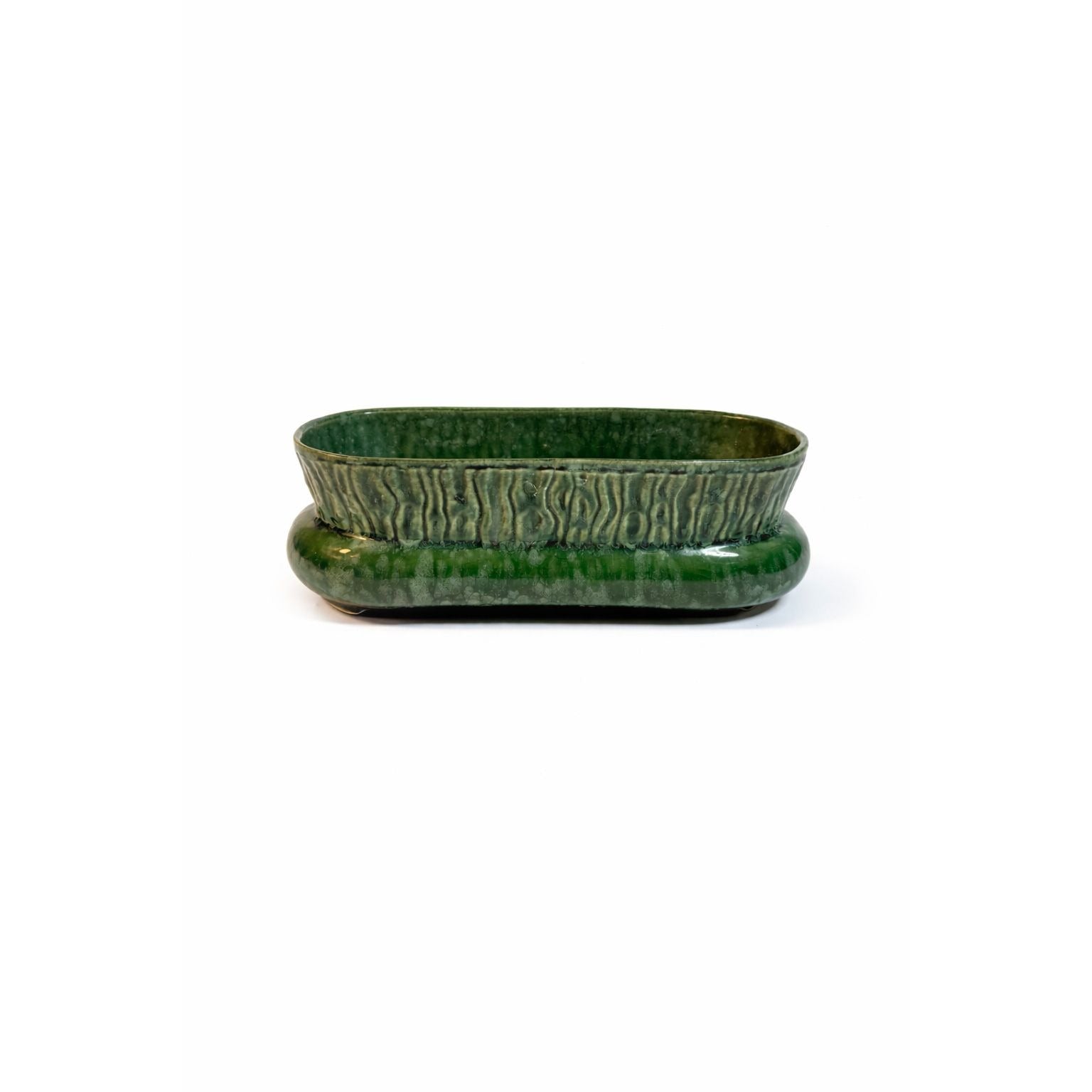 Cache Pot Planter Brush Pottery Ikebana Trough USA Vintage Art Deco Green Specked Lava Glaze Ceramic Succulent Orchid Flowers Bonsi Floral