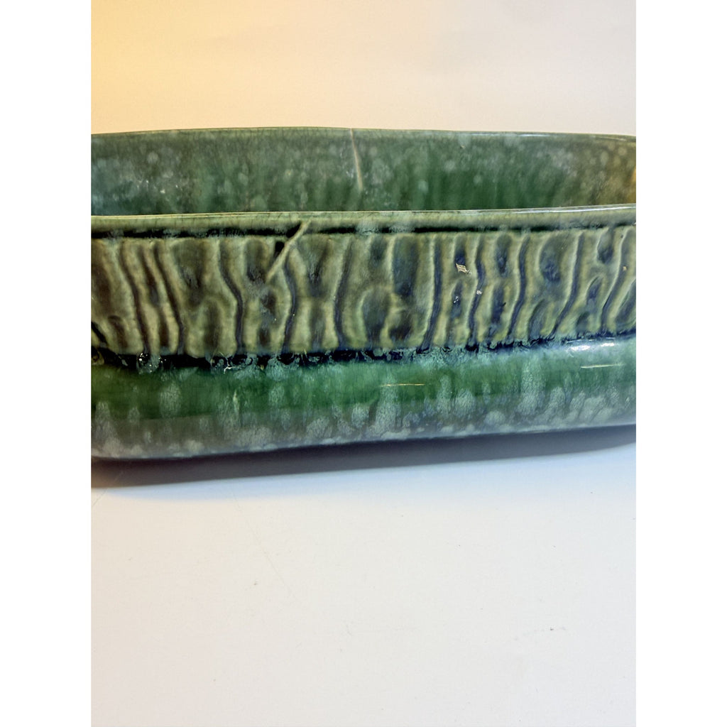 Cache Pot Planter Brush Pottery Ikebana Trough USA Vintage Art Deco Green Specked Lava Glaze Ceramic Succulent Orchid Flowers Bonsi Floral