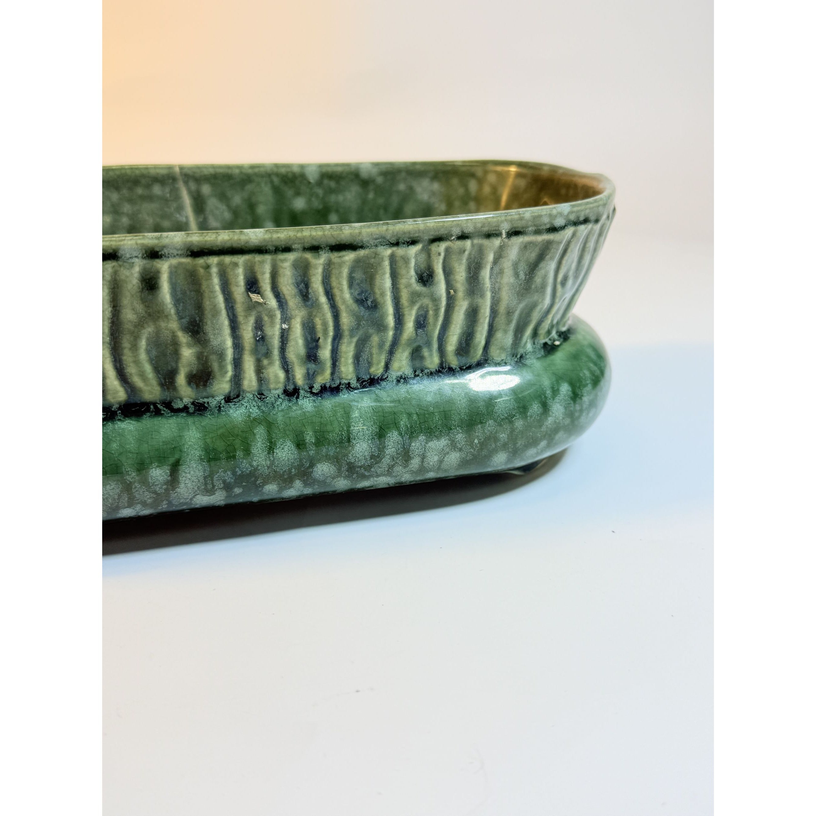 Cache Pot Planter Brush Pottery Ikebana Trough USA Vintage Art Deco Green Specked Lava Glaze Ceramic Succulent Orchid Flowers Bonsi Floral