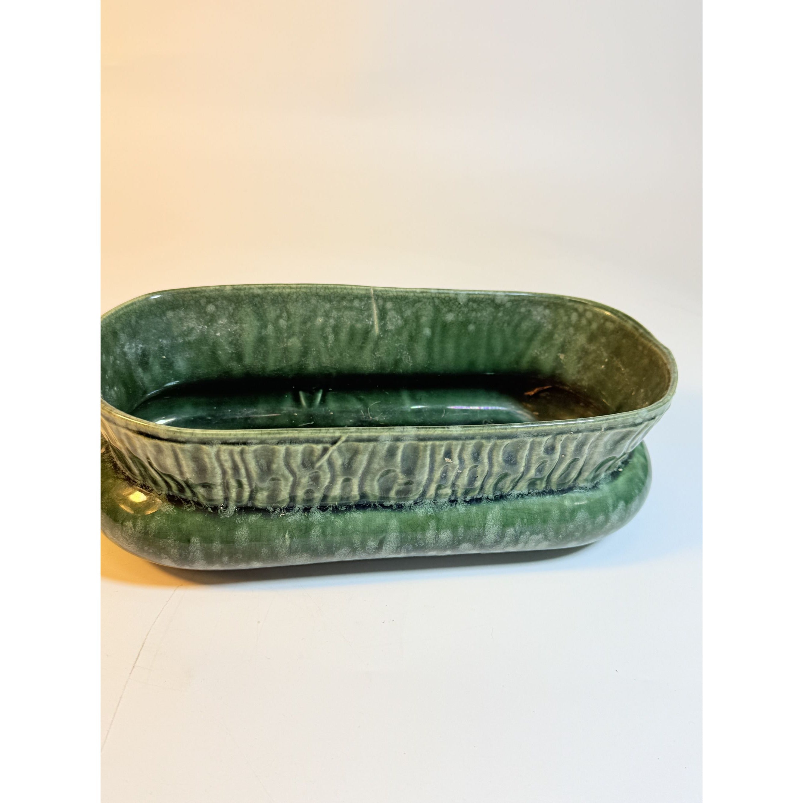 Cache Pot Planter Brush Pottery Ikebana Trough USA Vintage Art Deco Green Specked Lava Glaze Ceramic Succulent Orchid Flowers Bonsi Floral