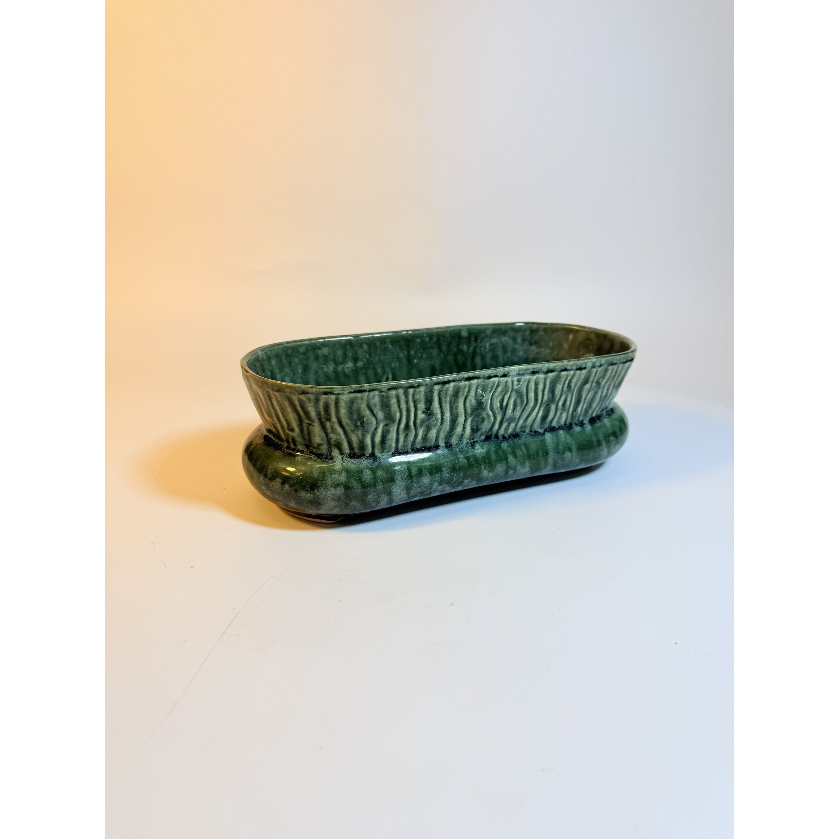 Cache Pot Planter Brush Pottery Ikebana Trough USA Vintage Art Deco Green Specked Lava Glaze Ceramic Succulent Orchid Flowers Bonsi Floral