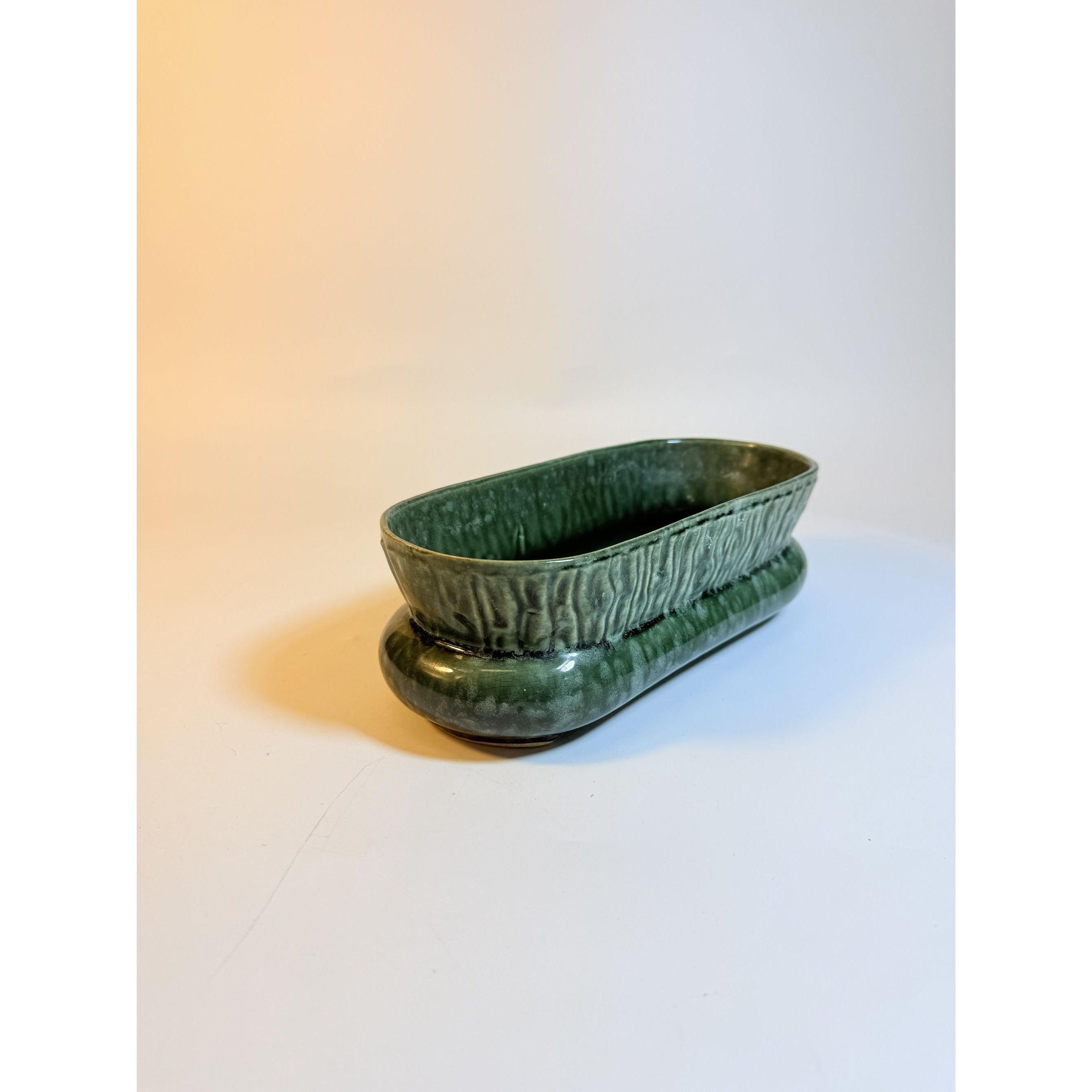 Cache Pot Planter Brush Pottery Ikebana Trough USA Vintage Art Deco Green Specked Lava Glaze Ceramic Succulent Orchid Flowers Bonsi Floral