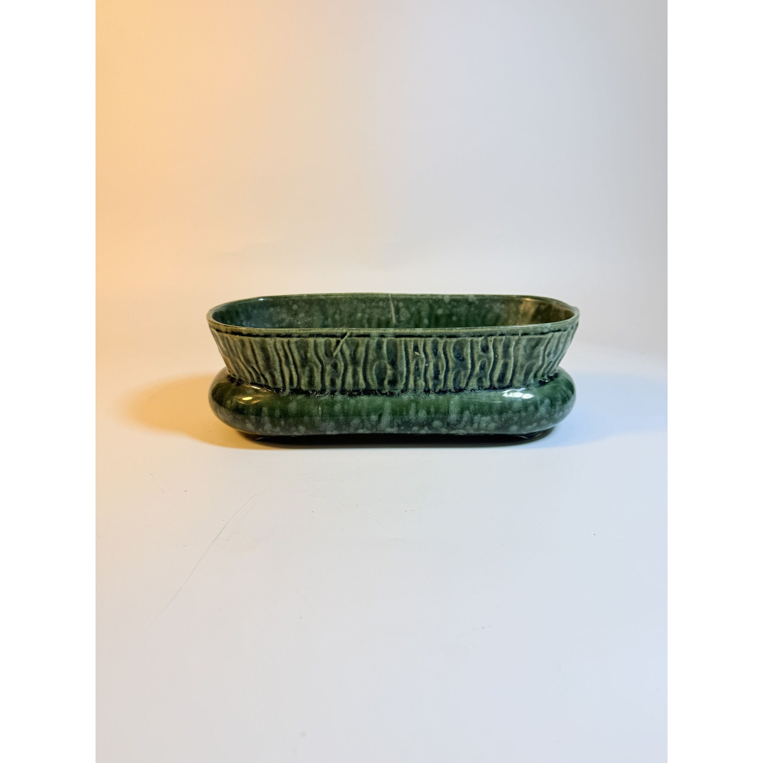 Cache Pot Planter Brush Pottery Ikebana Trough USA Vintage Art Deco Green Specked Lava Glaze Ceramic Succulent Orchid Flowers Bonsi Floral