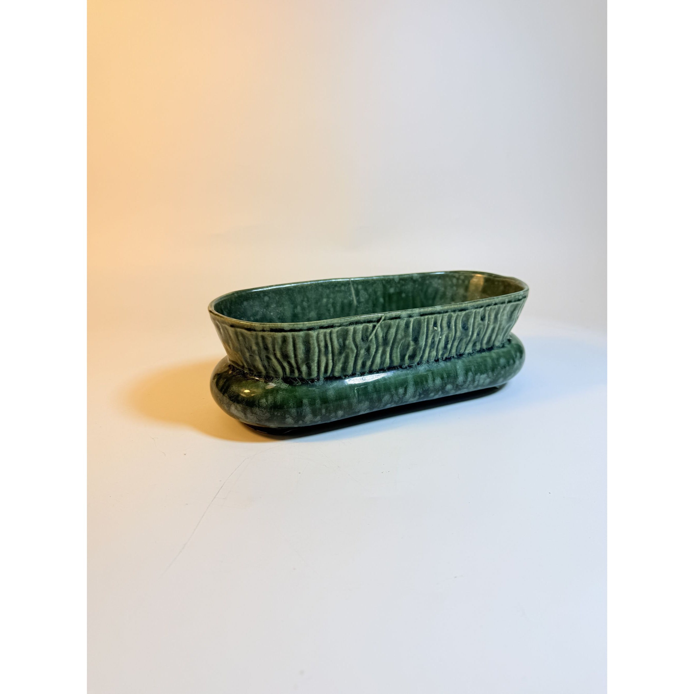 Cache Pot Planter Brush Pottery Ikebana Trough USA Vintage Art Deco Green Specked Lava Glaze Ceramic Succulent Orchid Flowers Bonsi Floral