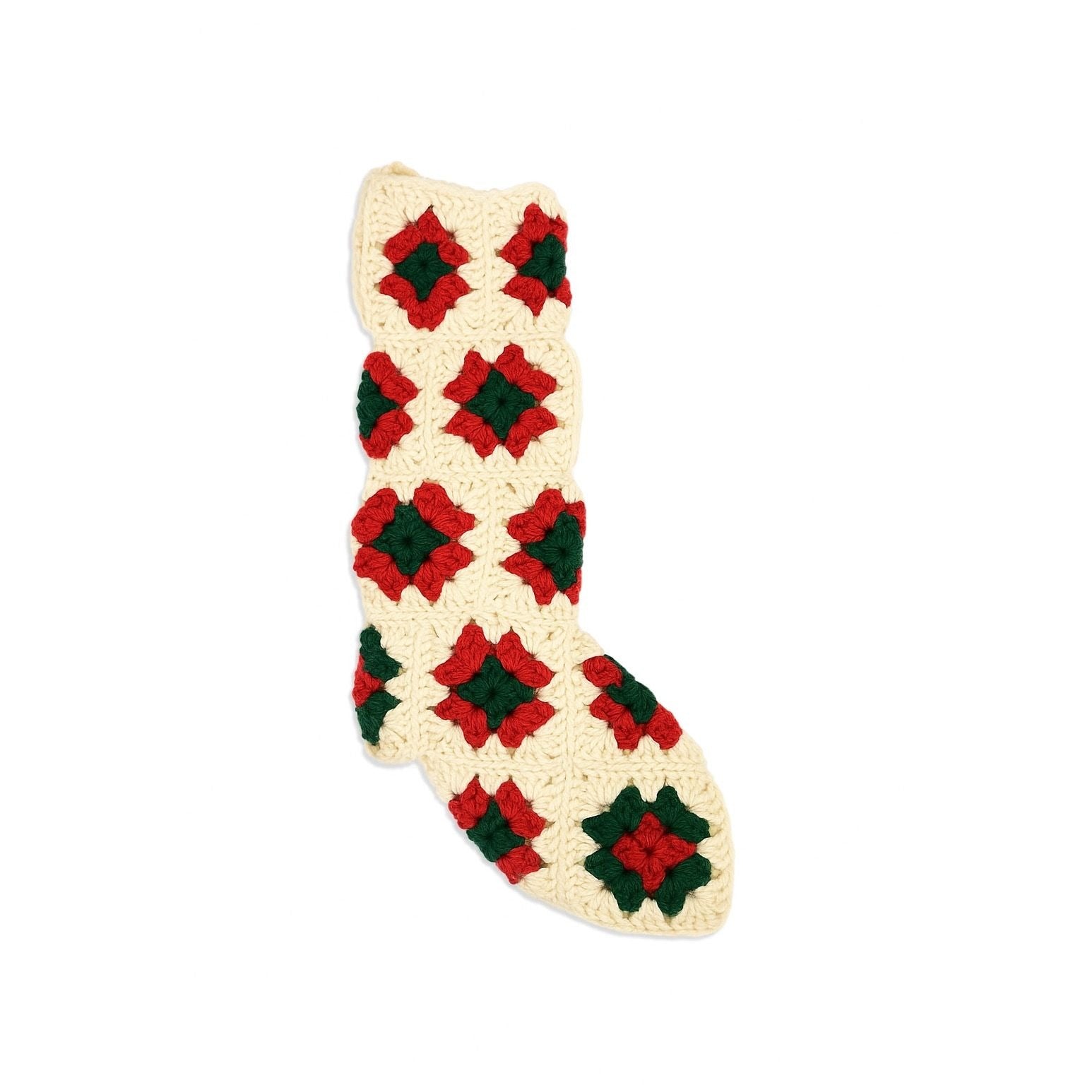 White Granny Square Christmas Stocking 15" Retro Handmade | Vintage Handmade Holiday Mantle Decor Granny Cottage Farmhouse Nostaglia