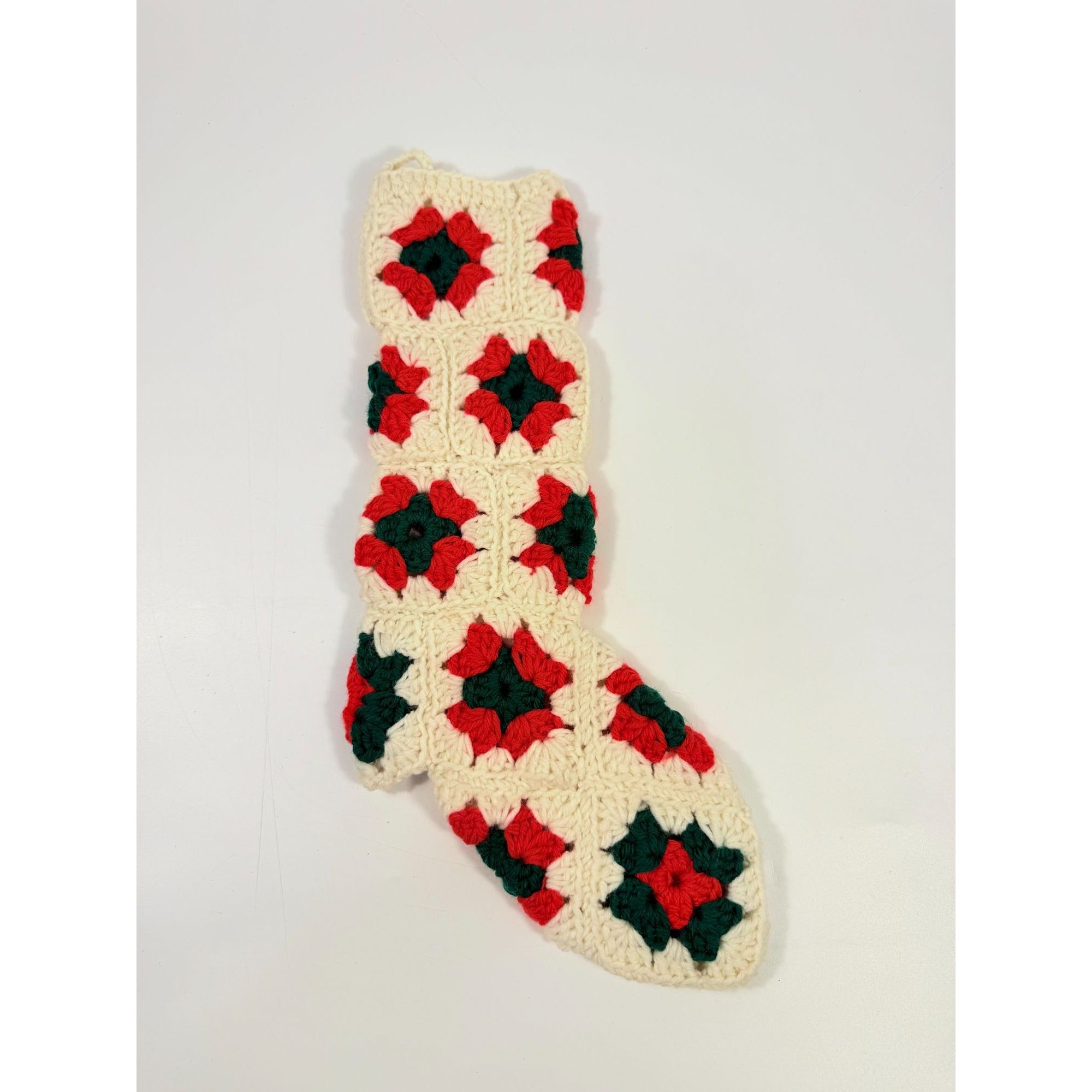 White Granny Square Christmas Stocking 15" Retro Handmade | Vintage Handmade Holiday Mantle Decor Granny Cottage Farmhouse Nostaglia
