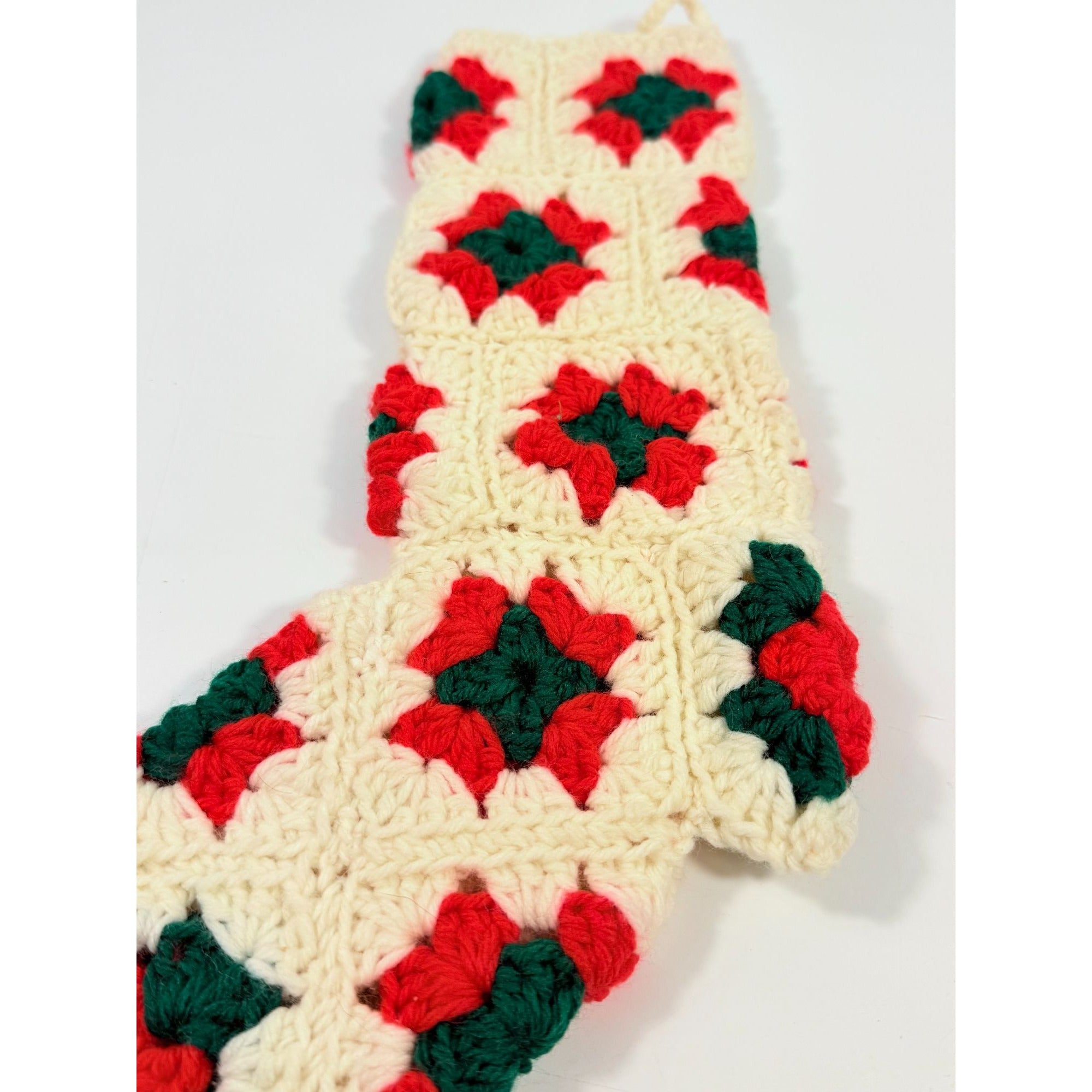 White Granny Square Christmas Stocking 15" Retro Handmade | Vintage Handmade Holiday Mantle Decor Granny Cottage Farmhouse Nostaglia