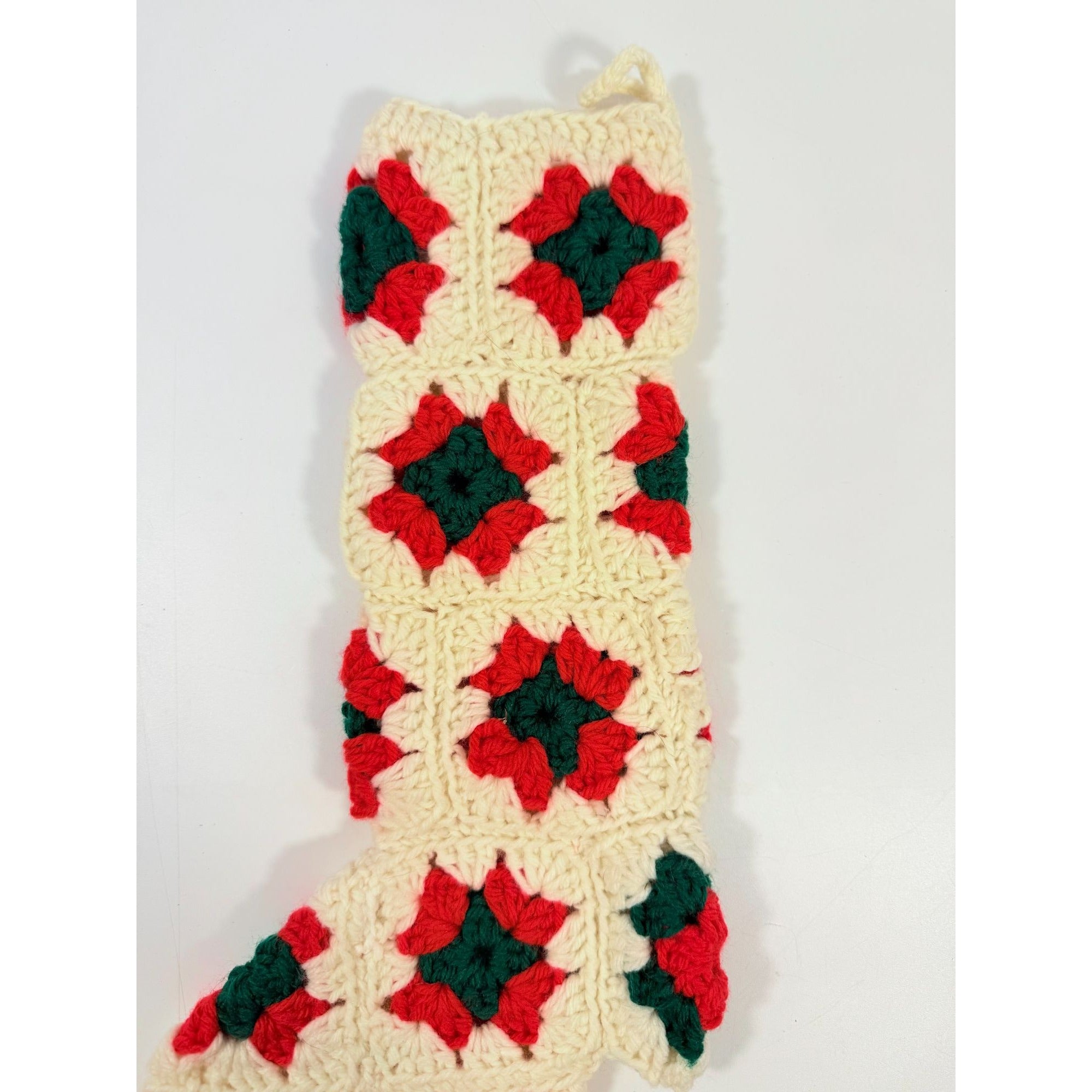 White Granny Square Christmas Stocking 15" Retro Handmade | Vintage Handmade Holiday Mantle Decor Granny Cottage Farmhouse Nostaglia