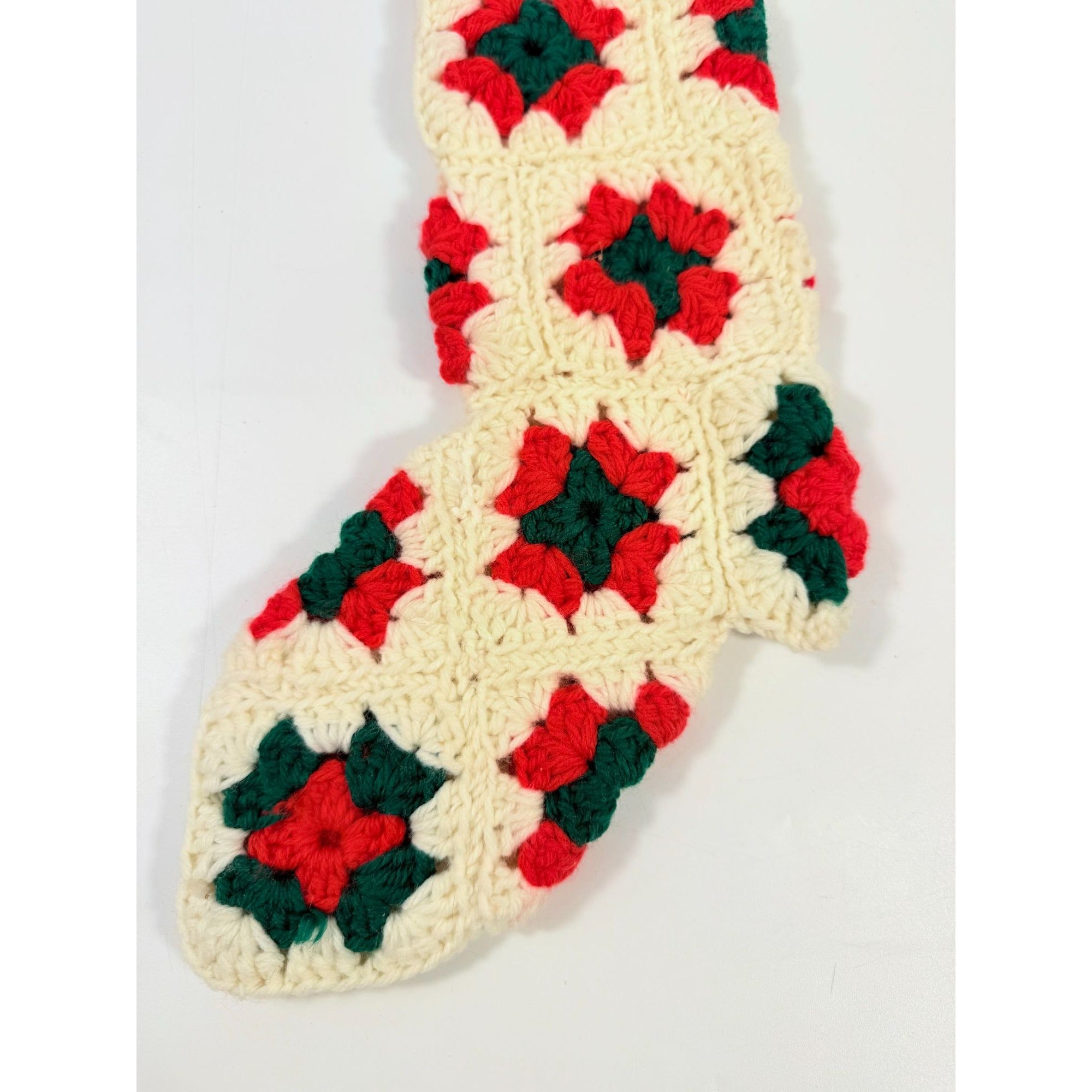 White Granny Square Christmas Stocking 15" Retro Handmade | Vintage Handmade Holiday Mantle Decor Granny Cottage Farmhouse Nostaglia