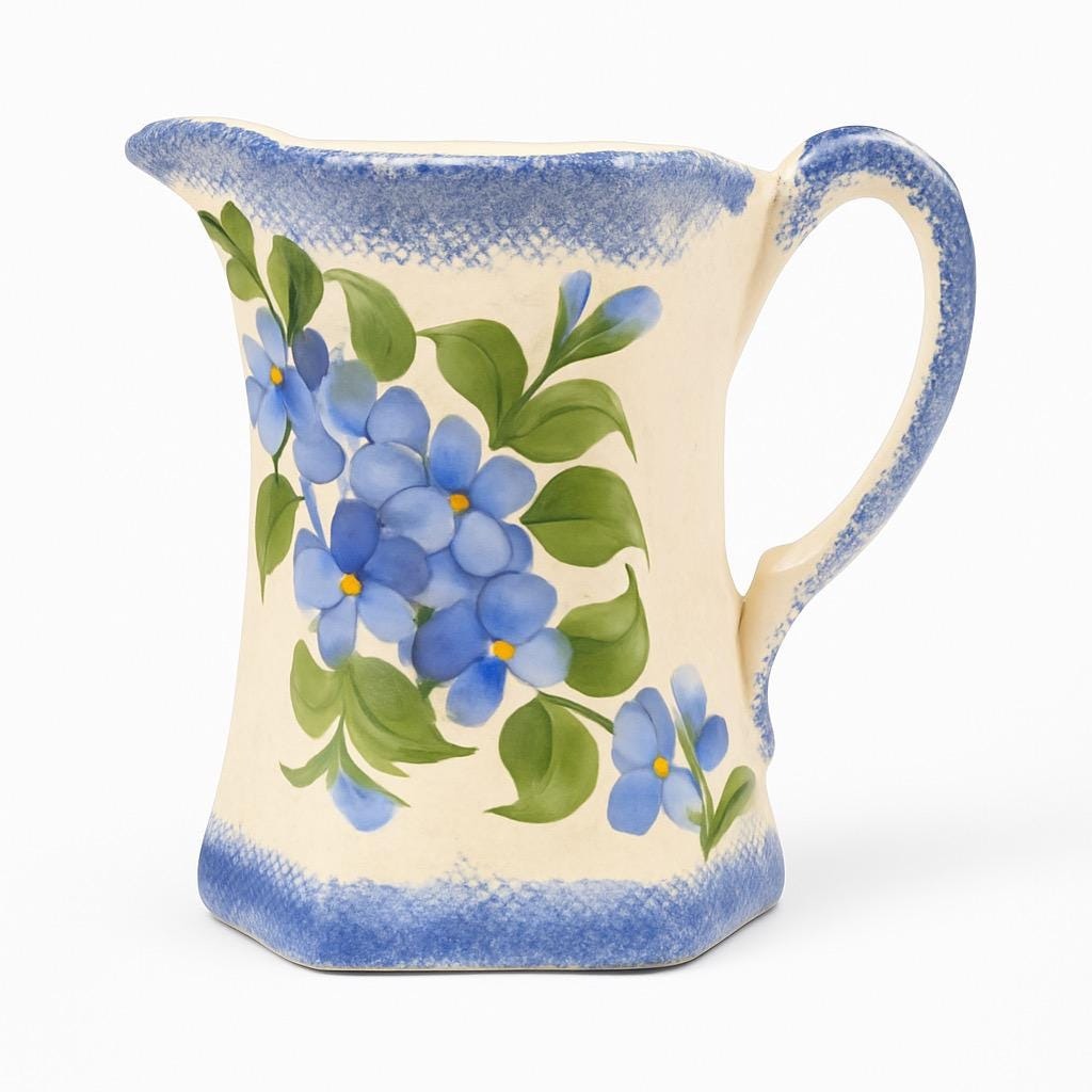 Pitcher Cash Family Pottery Vintage Blue White Milk Jug Creamer Hand Painted Flowers | Cottagecore French Country Kitchen Decor Tennessee