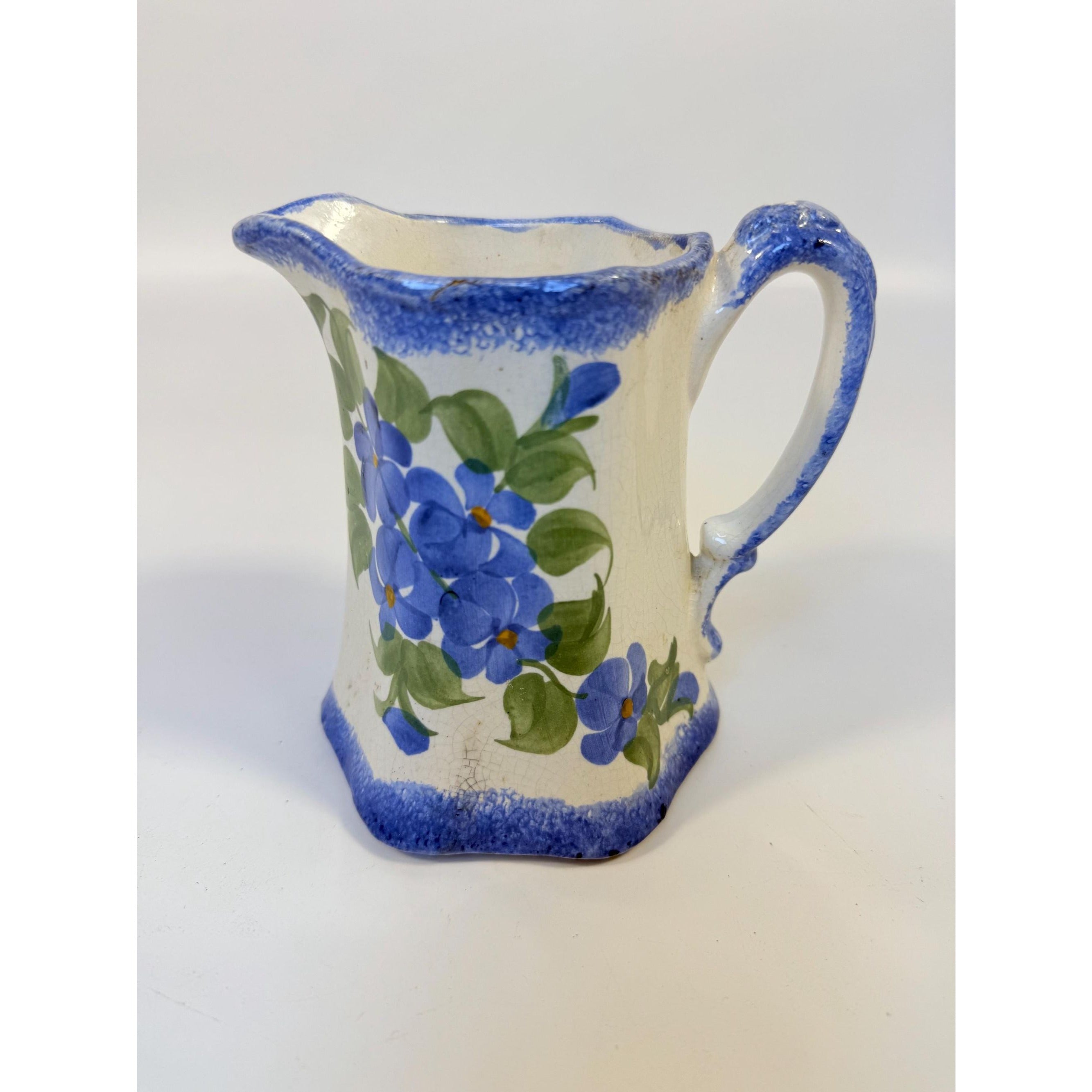 Pitcher Cash Family Pottery Vintage Blue White Milk Jug Creamer Hand Painted Flowers | Cottagecore French Country Kitchen Decor Tennessee
