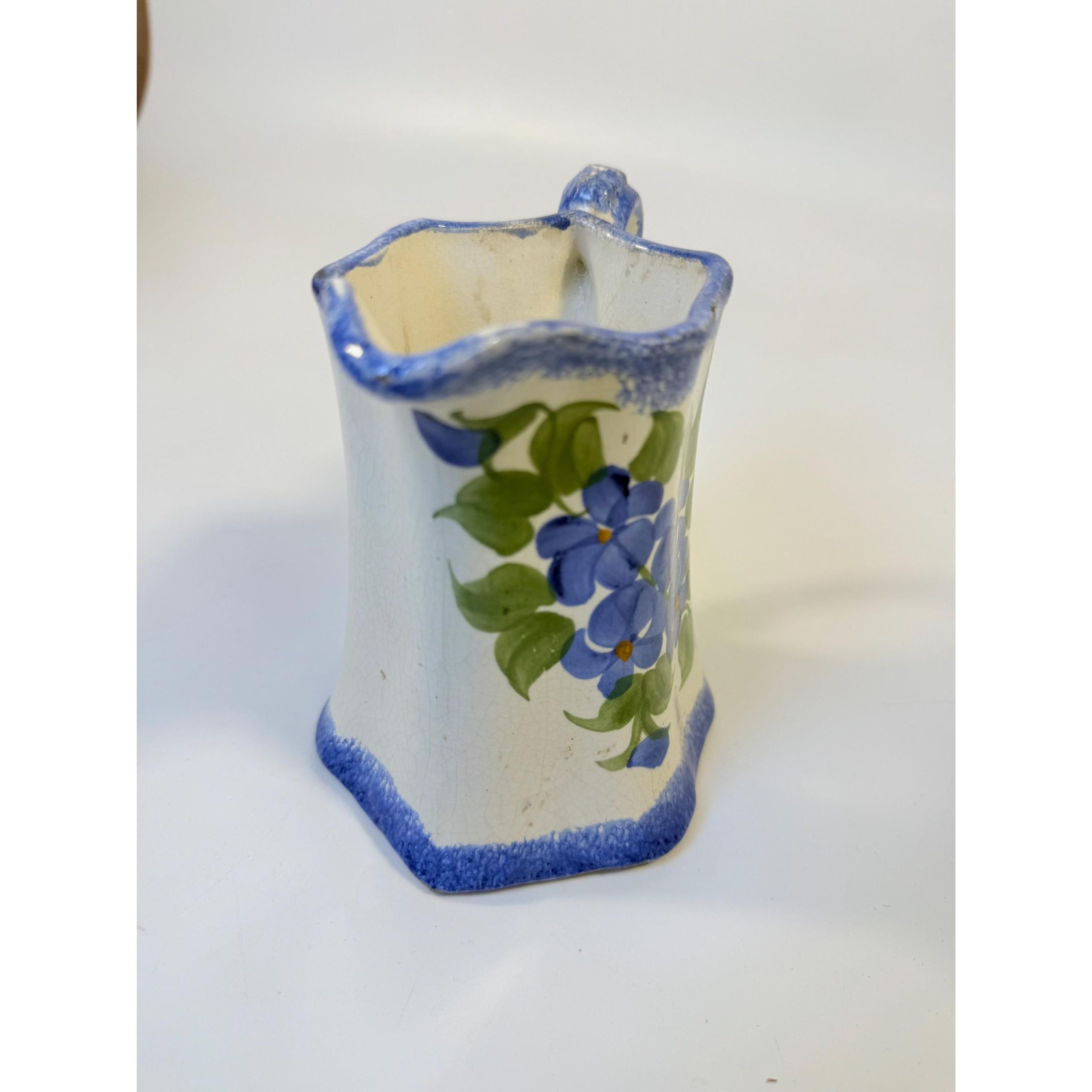 Pitcher Cash Family Pottery Vintage Blue White Milk Jug Creamer Hand Painted Flowers | Cottagecore French Country Kitchen Decor Tennessee