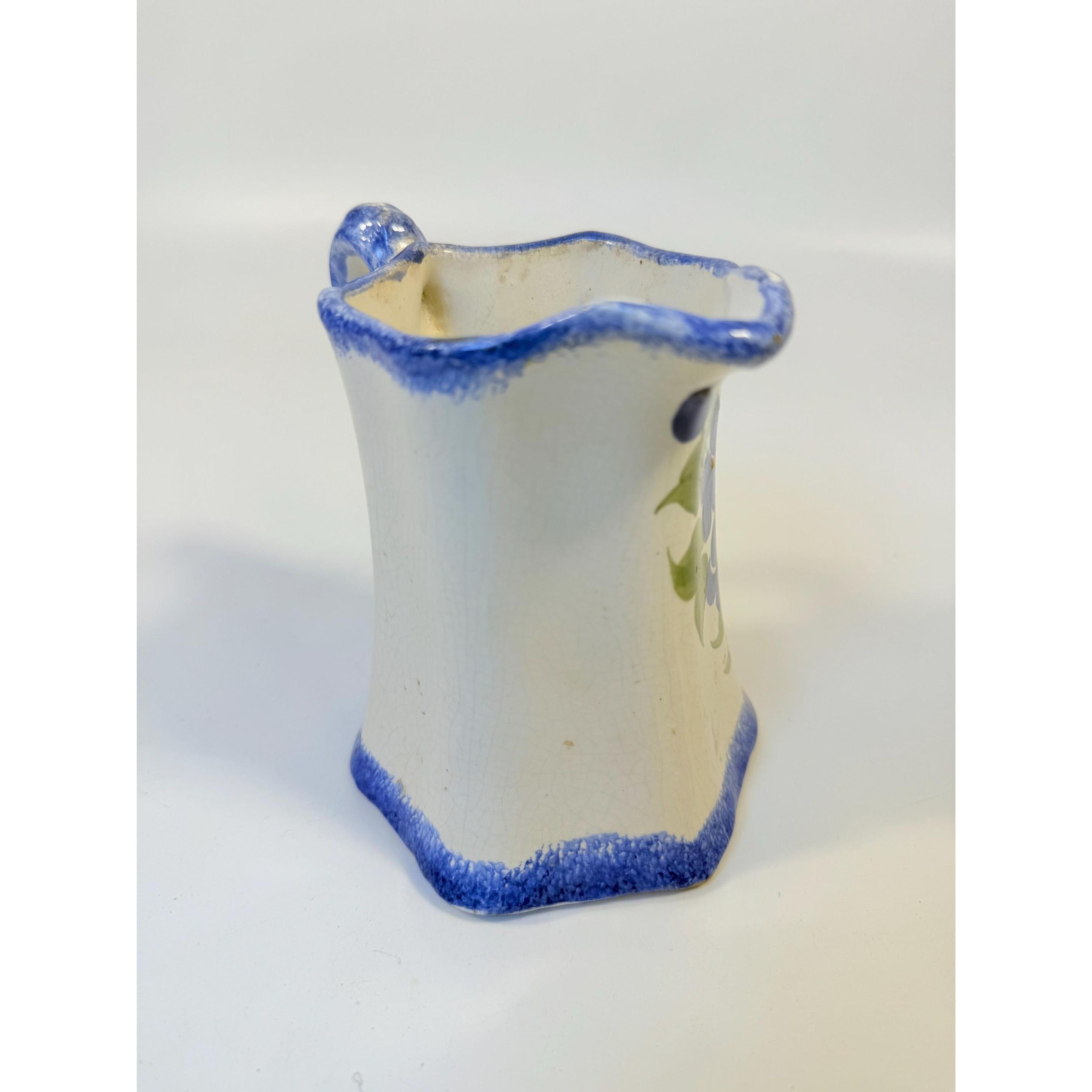 Pitcher Cash Family Pottery Vintage Blue White Milk Jug Creamer Hand Painted Flowers | Cottagecore French Country Kitchen Decor Tennessee
